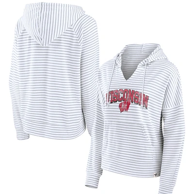 Women's Fanatics White Wisconsin Badgers Striped Notch Neck Pullover Hoodie