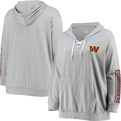 Women's Fanatics Heather Gray Washington Commanders Plus Size Lace-Up V-Neck Pullover Hoodie