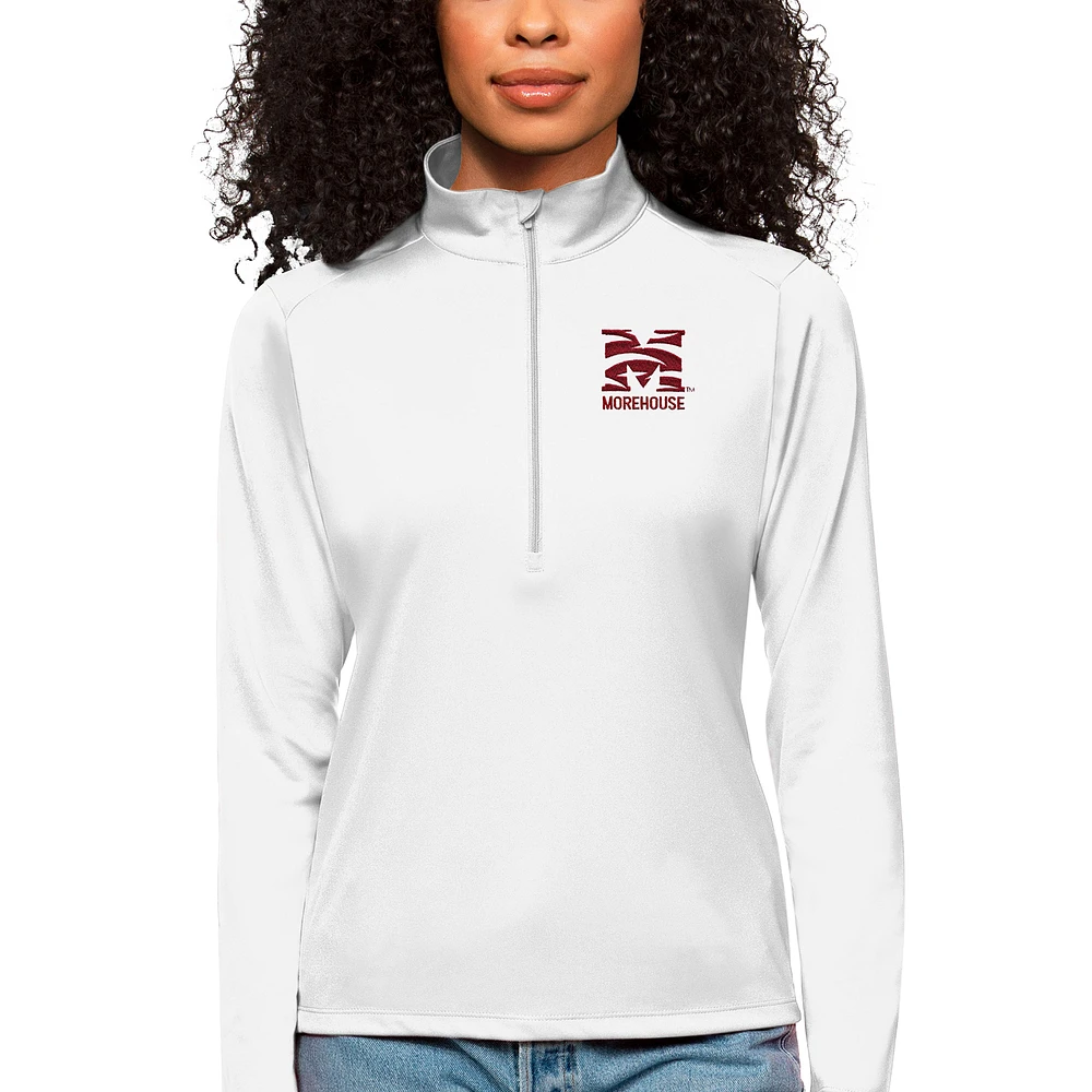 Women's Antigua White Morehouse Maroon Tigers Tribute Quarter-Zip Pullover Top