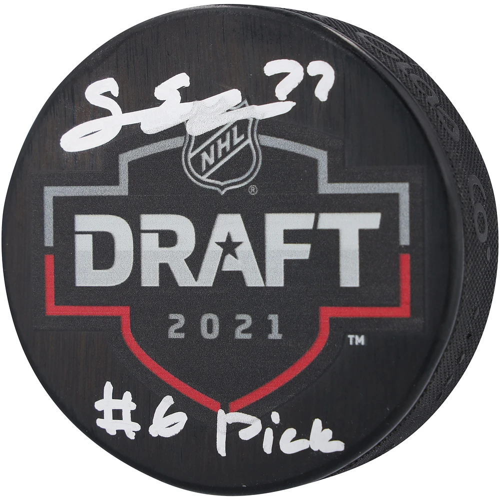 Simon Edvinsson Detroit Red Wings Autographed 2021 NHL Draft Logo Hockey Puck with "#6 Pick" Inscription