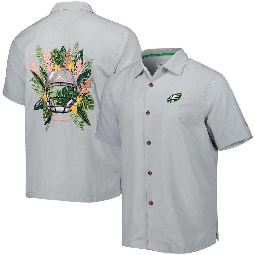 Men's Tommy Bahama Gray Philadelphia Eagles Coconut Point Frondly Fan Camp IslandZone Button-Up Shirt