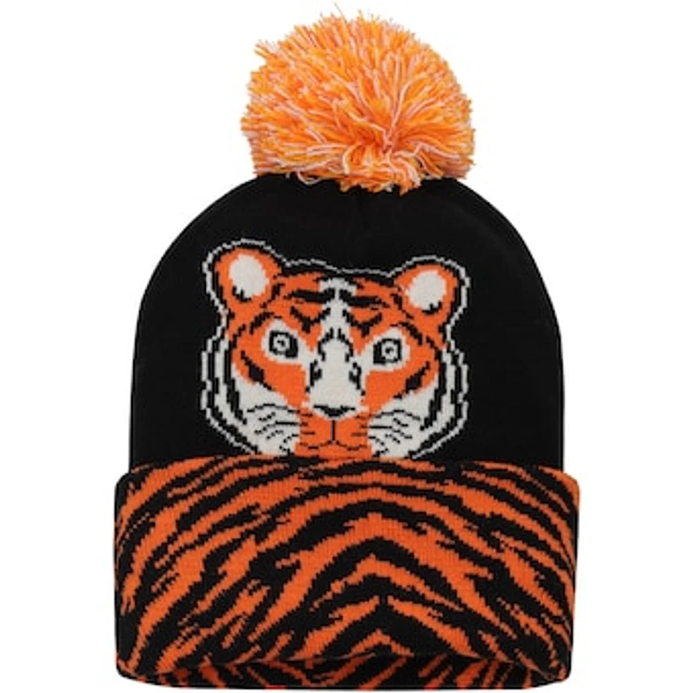 Youth Explore Black Tiger Cuffed Knit Hat with Pom