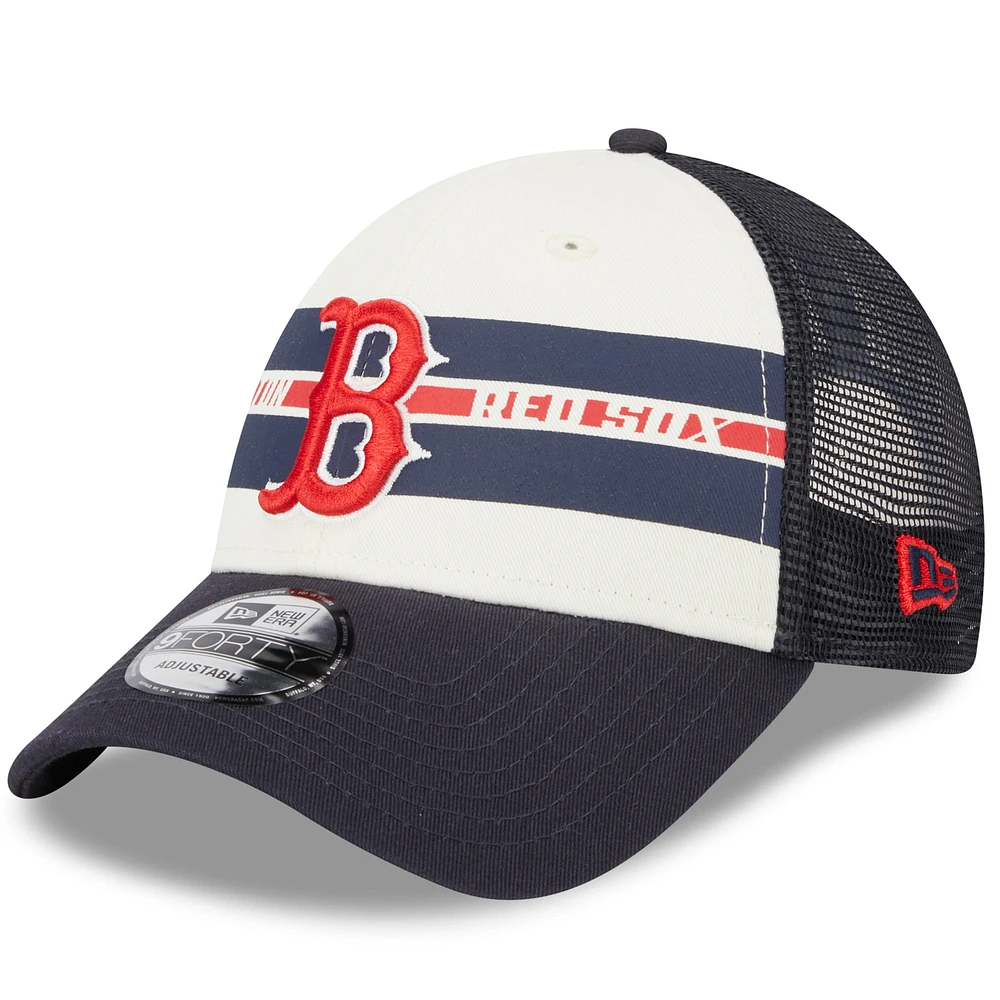 Men's New Era White/Navy Boston Red Sox Team Stripe Trucker 9FORTY Snapback Hat