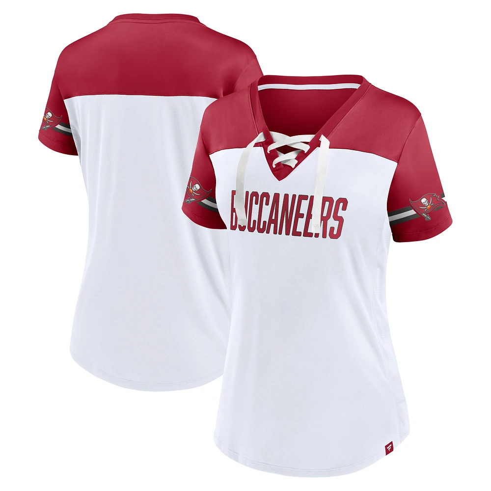 Women's Fanatics White Tampa Bay Buccaneers Dueling Slant V-Neck Lace-Up T-Shirt