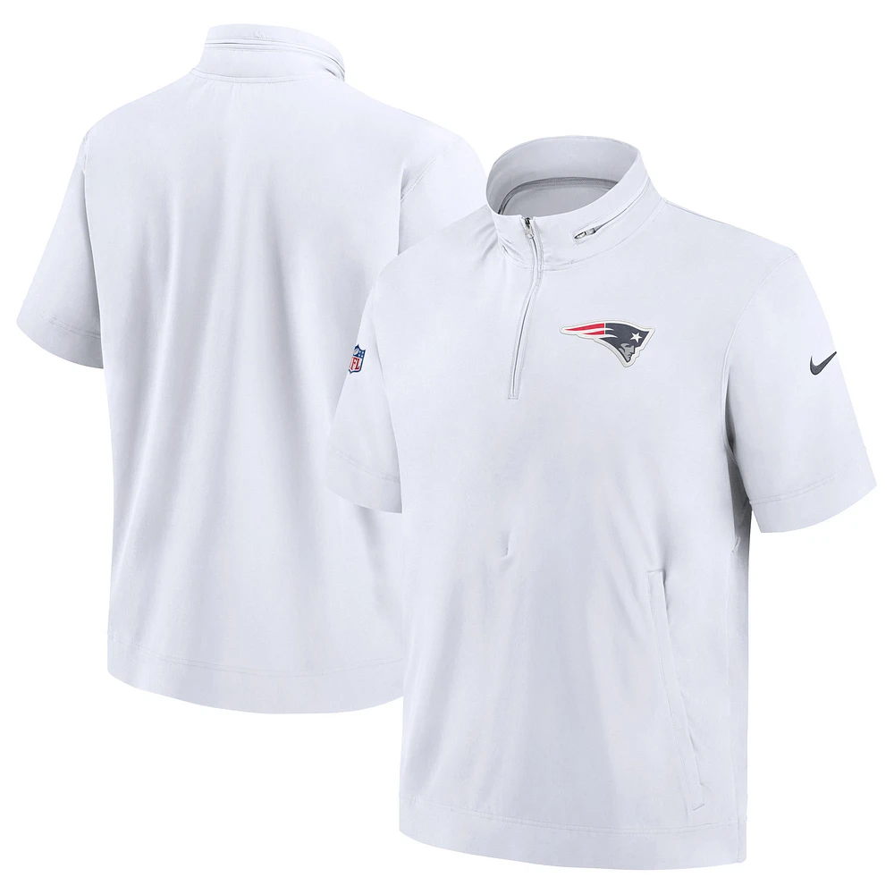Men's Nike White New England Patriots Sideline Coach Short Sleeve Hoodie Quarter-Zip Jacket