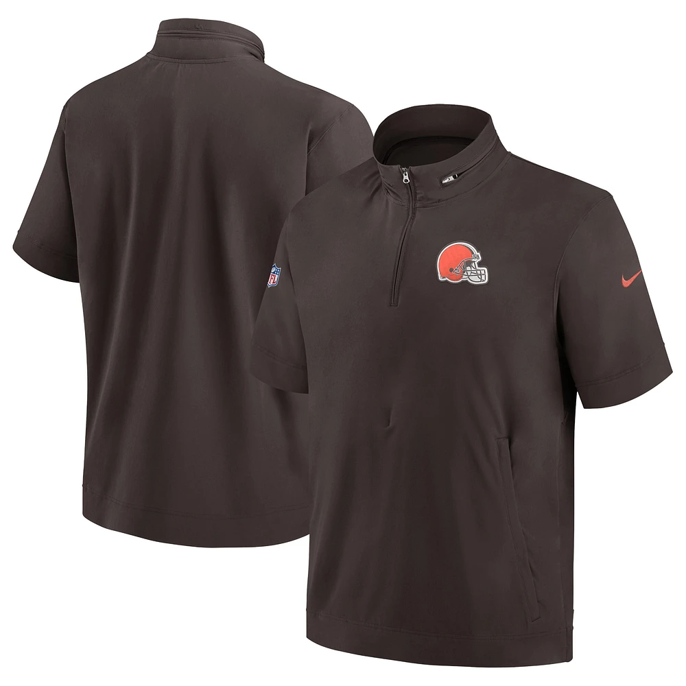 Men's Nike Brown Cleveland Browns Sideline Coach Short Sleeve Hoodie Quarter-Zip Jacket