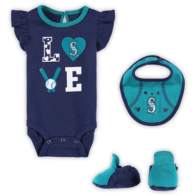 Newborn & Infant Navy/Teal Seattle Mariners Three-Piece Love of Baseball Bib Bodysuit Booties Set