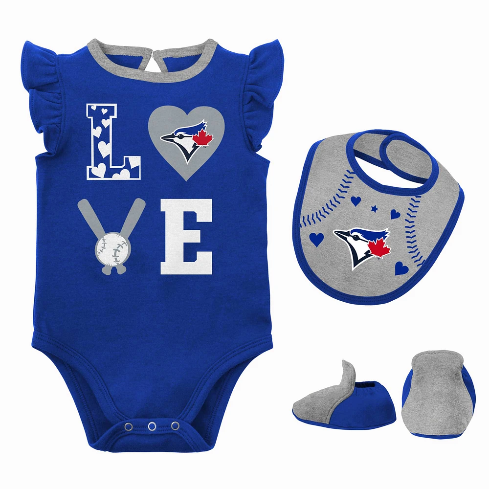 Newborn & Infant Royal/Heather Gray Toronto Blue Jays Three-Piece Love of Baseball Bib Bodysuit Booties Set
