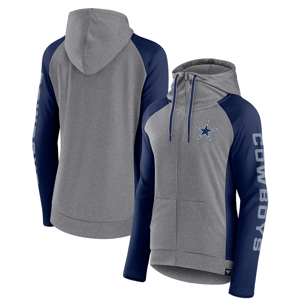 Women's Fanatics Heather Gray/College Navy Dallas Cowboys Blind Side Lightweight Full-Zip Hoodie