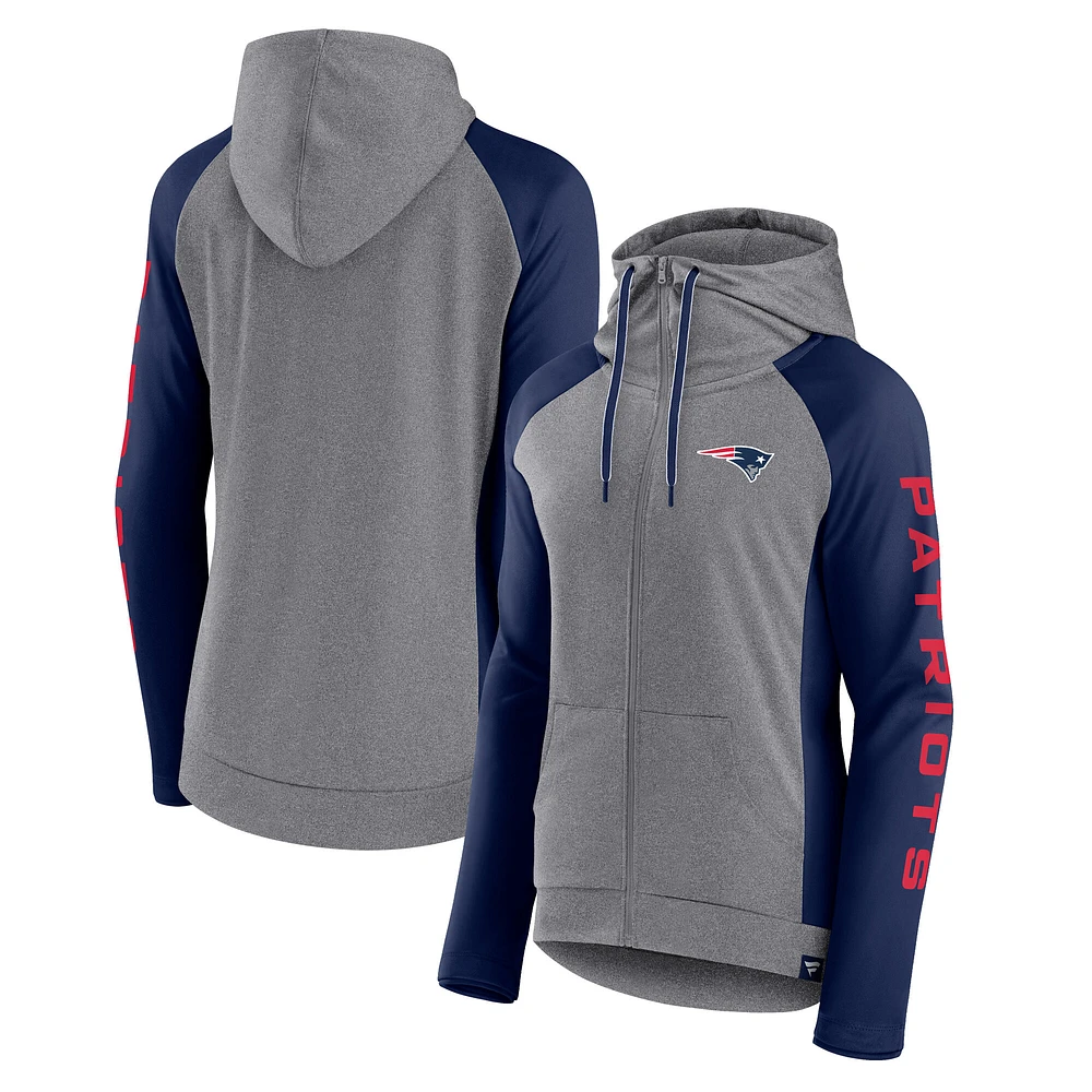 Women's Fanatics Heather Gray/College Navy New England Patriots Blind Side Lightweight Full-Zip Hoodie