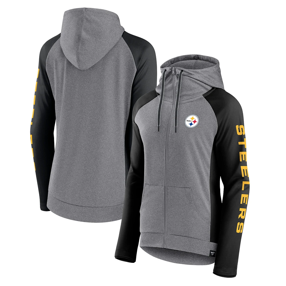 Women's Fanatics Heather Gray/College Black Pittsburgh Steelers Blind Side Lightweight Full-Zip Hoodie