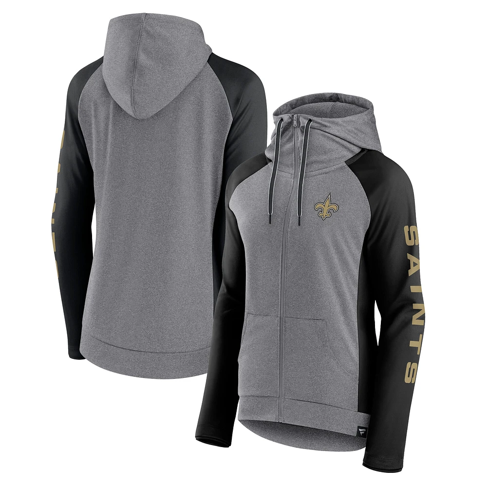 Women's Fanatics Heather Gray/College Black New Orleans Saints Blind Side Lightweight Full-Zip Hoodie