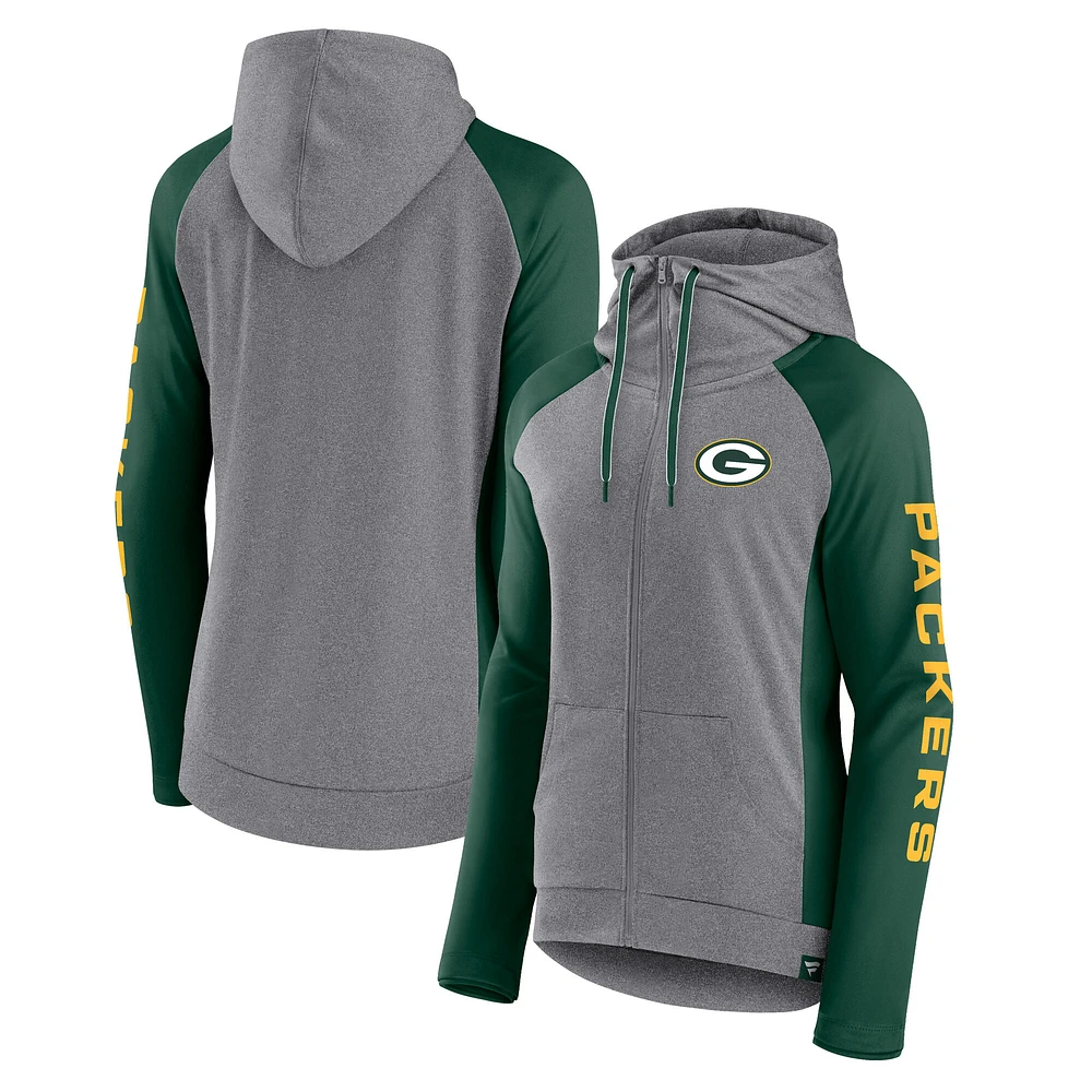 Women's Fanatics Heather Gray/College Green Bay Packers Blind Side Lightweight Full-Zip Hoodie