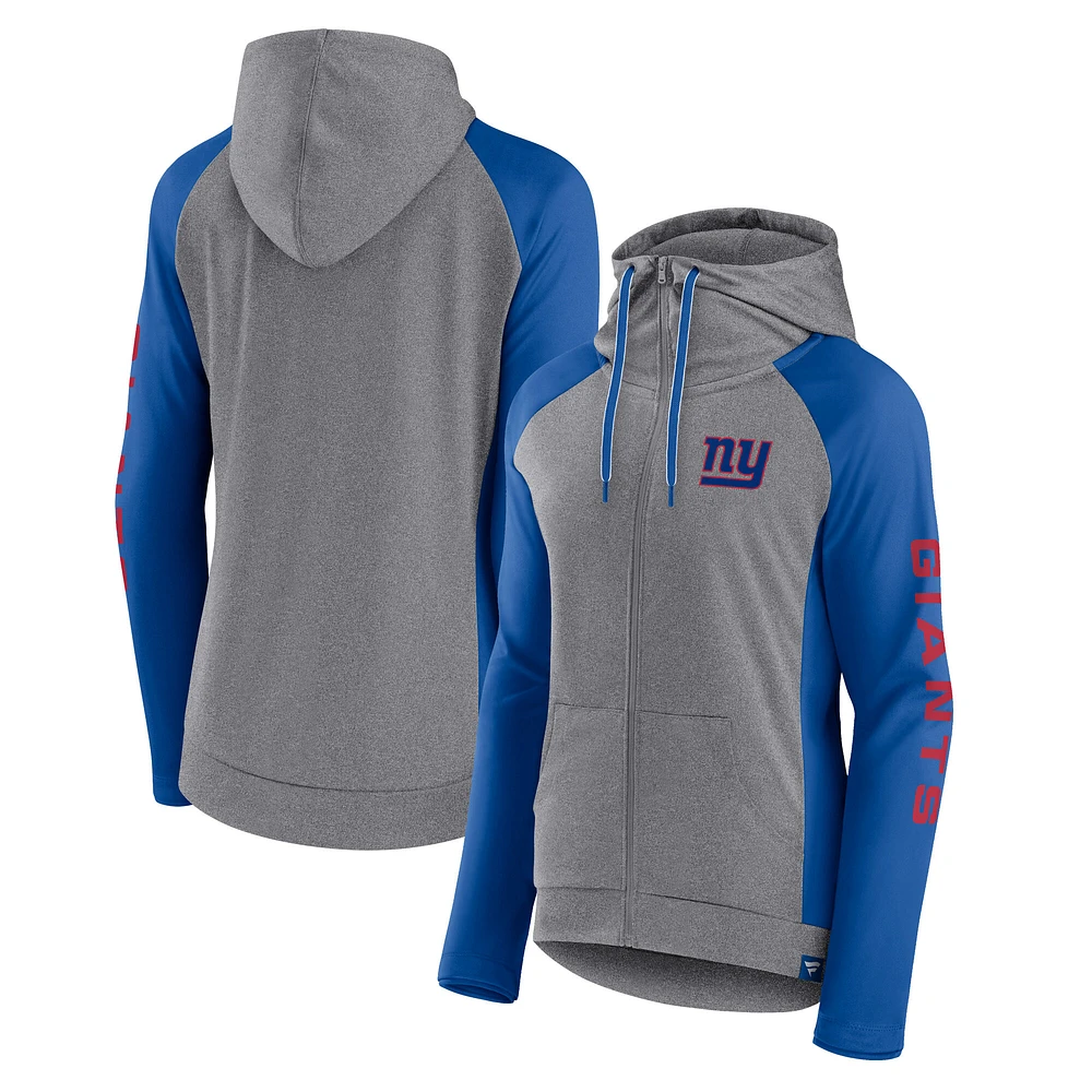Women's Fanatics Heather Gray/College Royal New York Giants Blind Side Lightweight Full-Zip Hoodie