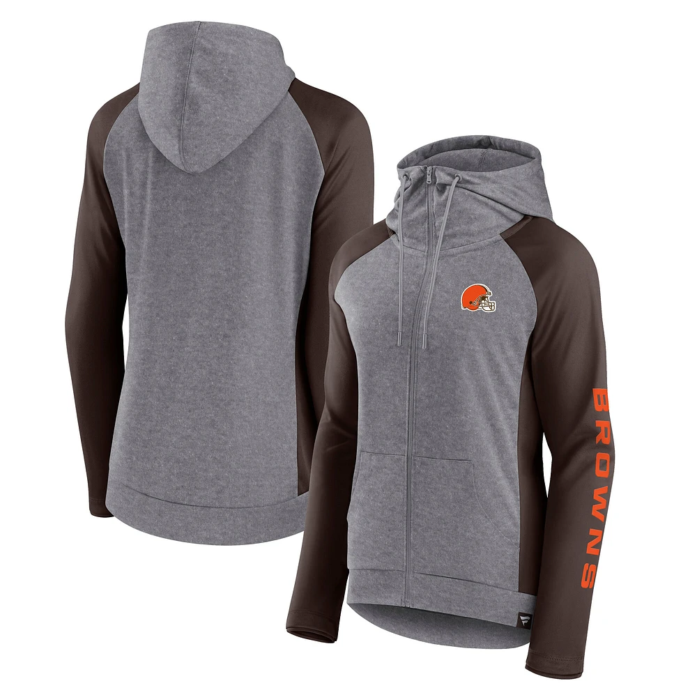 Women's Fanatics Heather Gray/College Brown Cleveland Browns Blind Side Lightweight Full-Zip Hoodie
