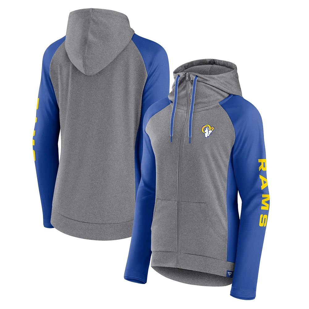Women's Fanatics Heather Gray/College Royal Los Angeles Rams Blind Side Lightweight Full-Zip Hoodie
