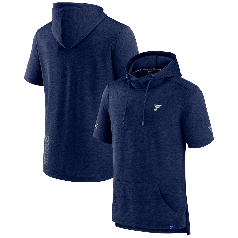 Men's Fanatics Heather Navy St. Louis Blues Authentic Pro Short Sleeve Pullover Hoodie