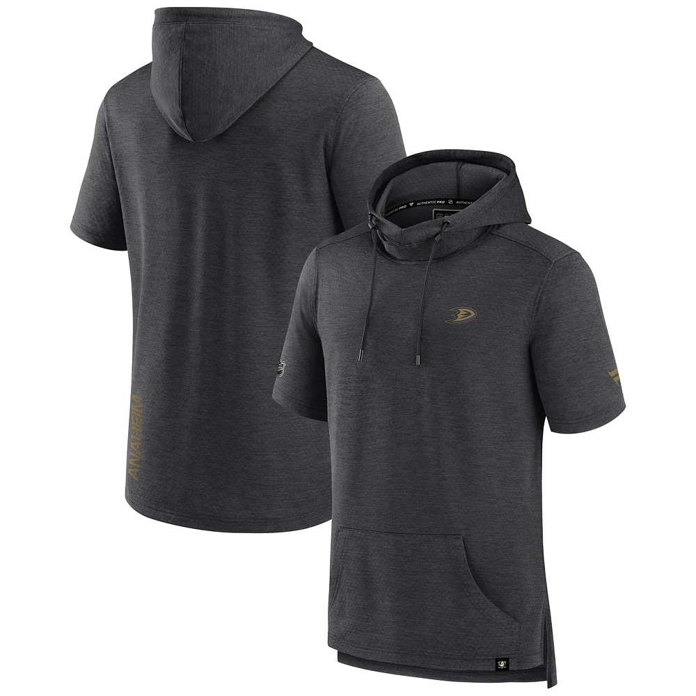 Men's Fanatics Heather Charcoal Anaheim Ducks Authentic Pro Short Sleeve Pullover Hoodie
