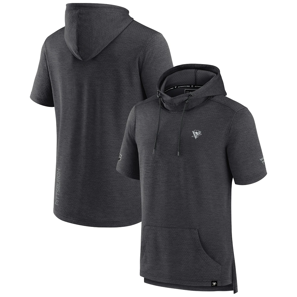 Men's Fanatics Heather Charcoal Pittsburgh Penguins Authentic Pro Short Sleeve Pullover Hoodie