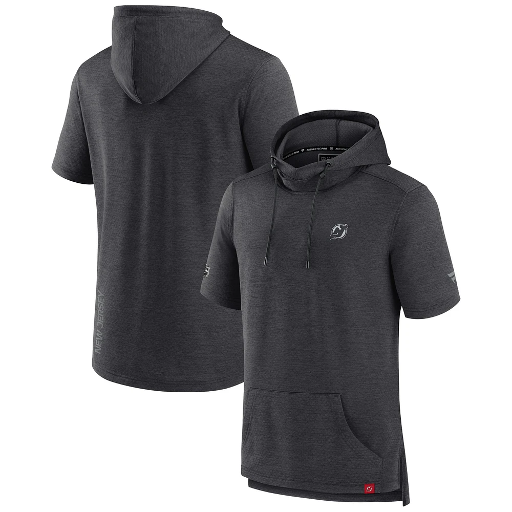 Men's Fanatics Heather Charcoal New Jersey Devils Authentic Pro Short Sleeve Pullover Hoodie
