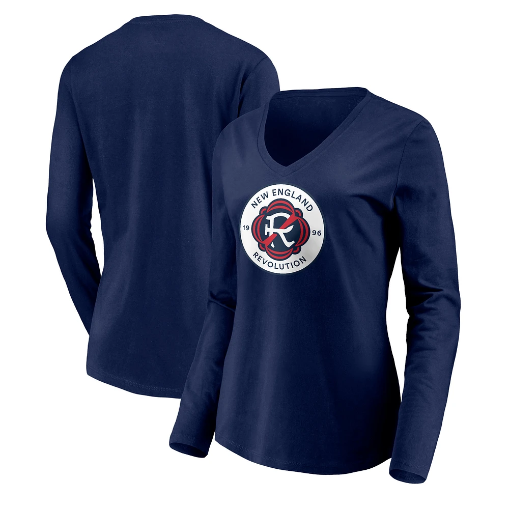 Women's Navy New England Revolution Official Logo Long Sleeve V-Neck T-Shirt