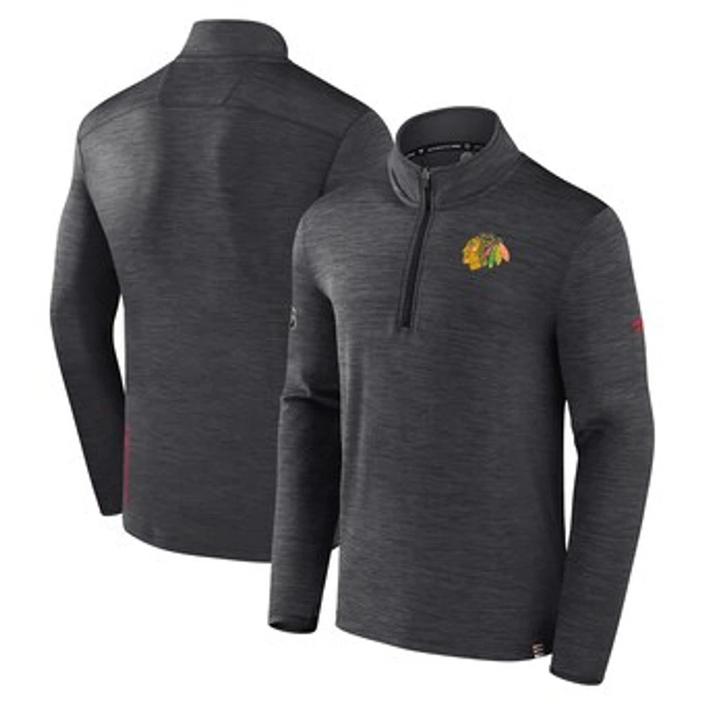 Men's Fanatics Heather Charcoal Chicago Blackhawks Authentic Pro Quarter-Zip Pullover Top