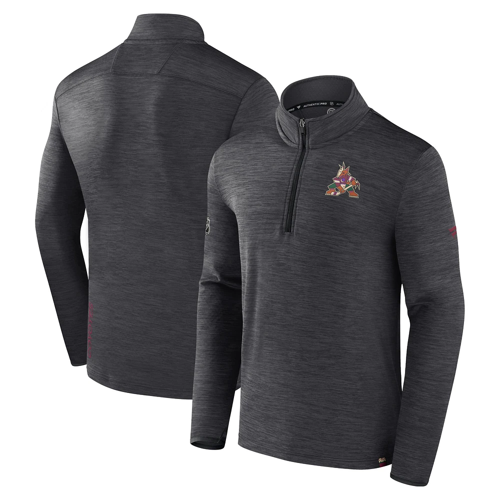 Men's Fanatics Heather Charcoal Arizona Coyotes Authentic Pro Quarter-Zip Pullover Top