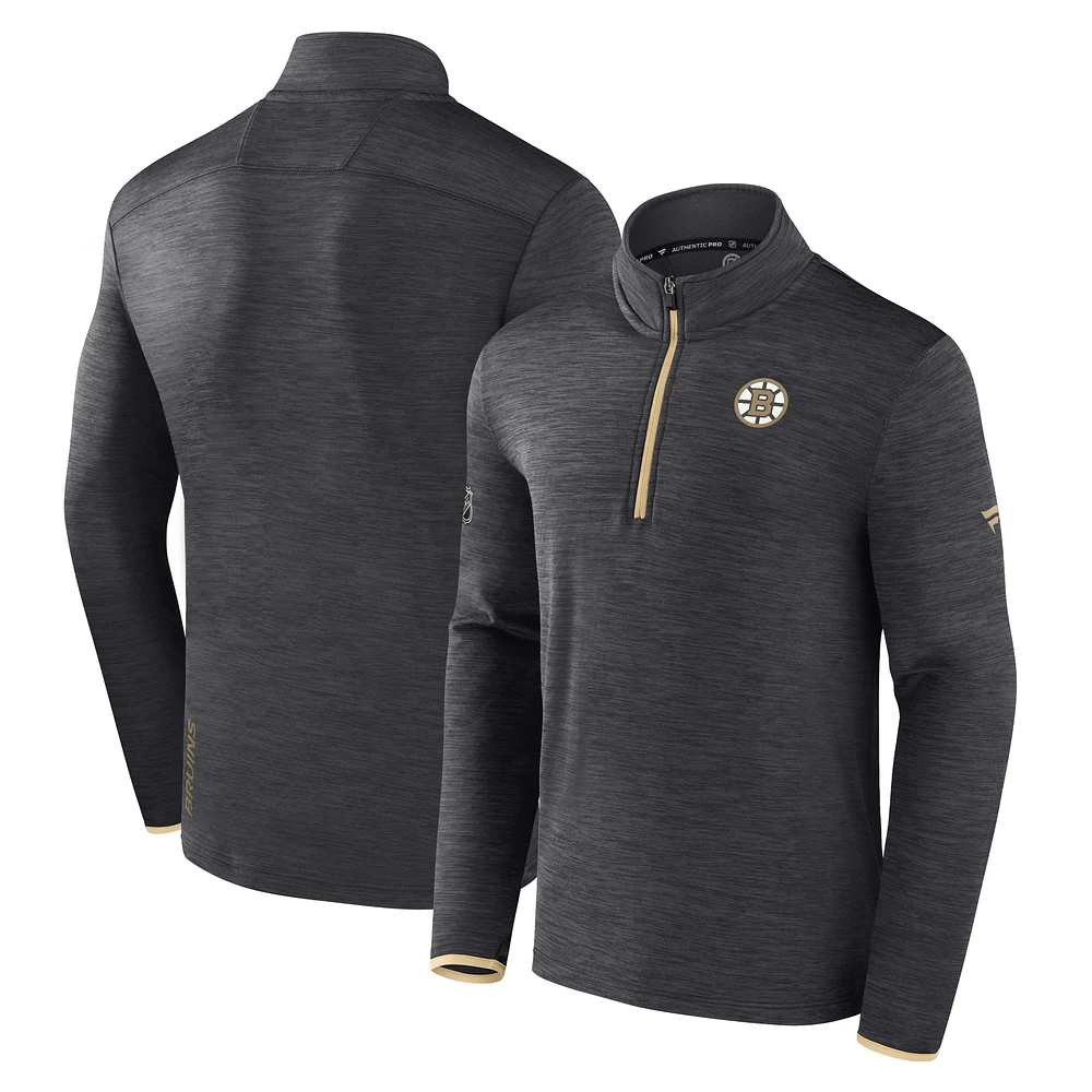 Men's Fanatics Heather Charcoal Boston Bruins Authentic Pro Quarter-Zip Pullover Top
