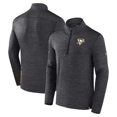 Men's Fanatics Heather Charcoal Pittsburgh Penguins Authentic Pro Quarter-Zip Pullover Top