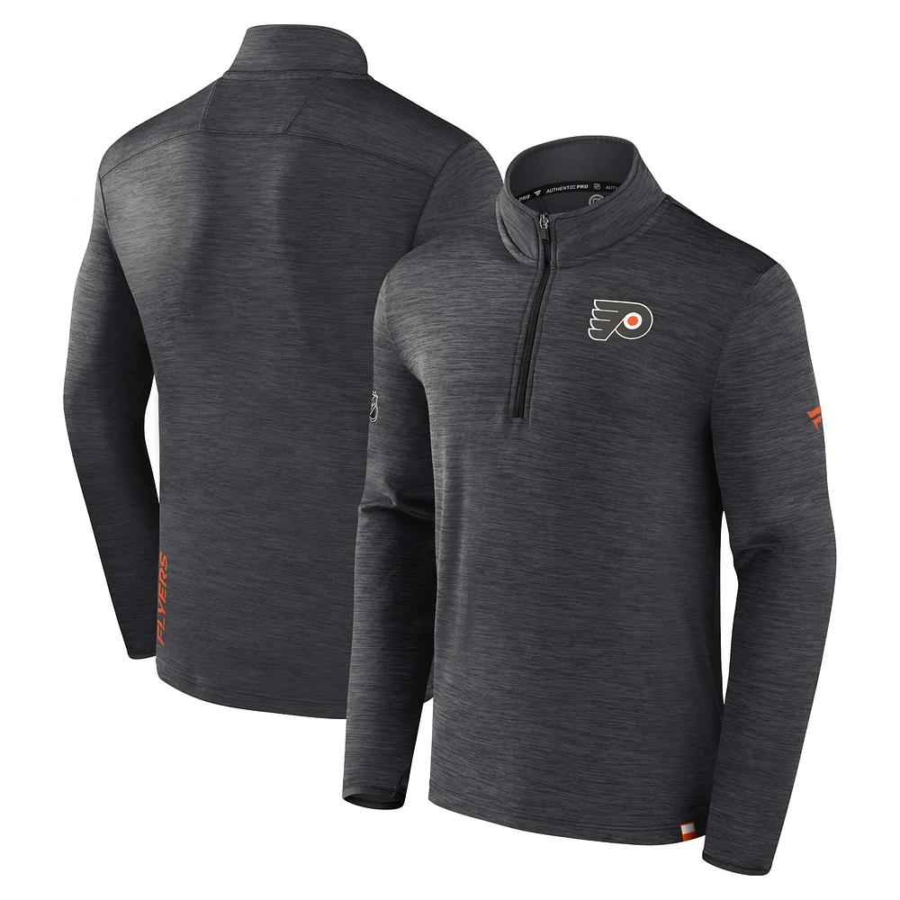 Men's Fanatics Heather Charcoal Philadelphia Flyers Authentic Pro Quarter-Zip Pullover Top