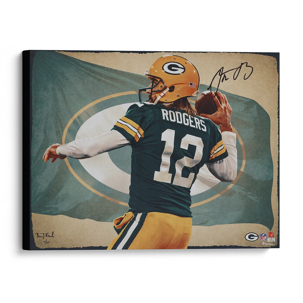 Aaron Rodgers Green Bay Packers Autographed Stretched 20" x 24" Canvas Giclee Print - Designed and Signed by Artist Brian Konnick - Limited Edition of 50