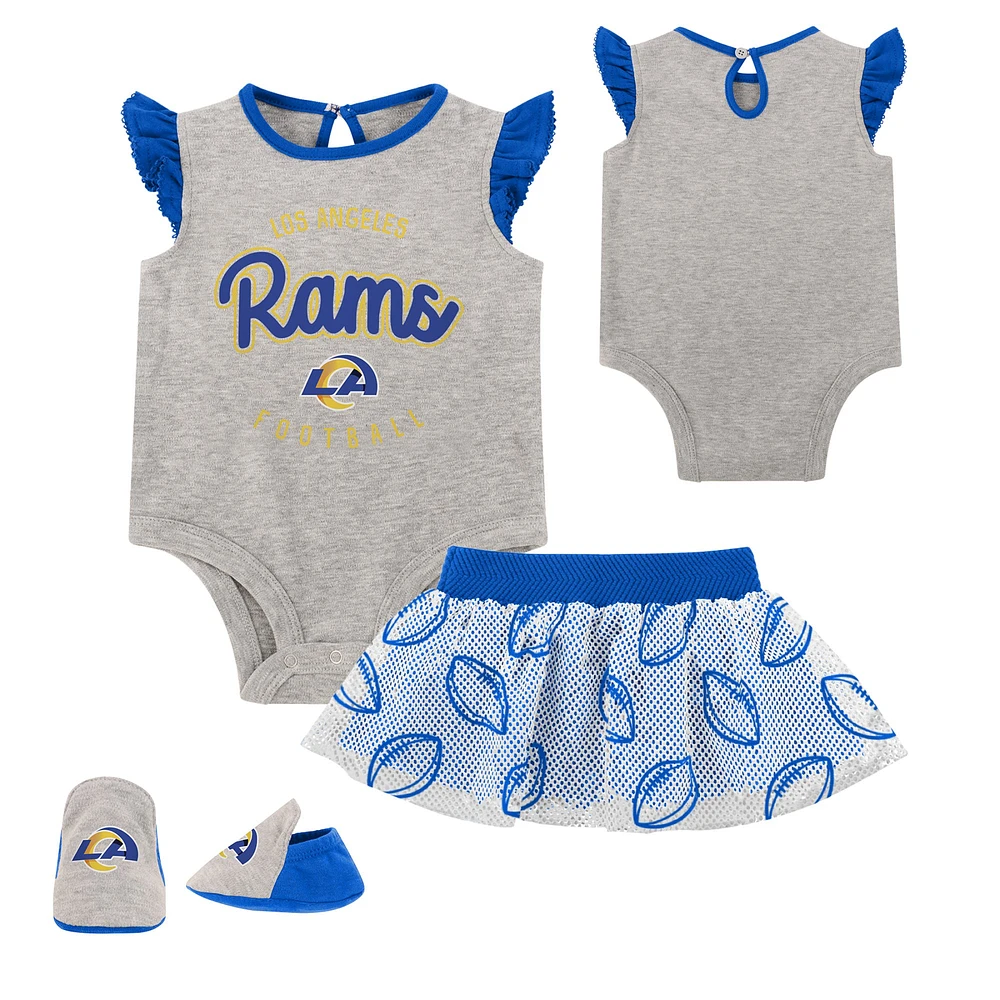Newborn Heather Gray/Royal Los Angeles Rams All Dolled Up Three-Piece Bodysuit, Skirt & Booties Set