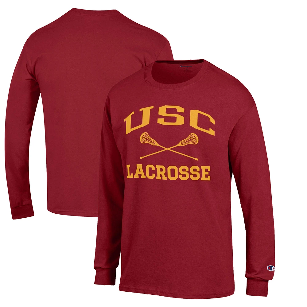 Men's Champion Cardinal USC Trojans Lacrosse Icon Powerblend Long Sleeve T-Shirt