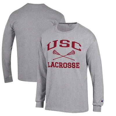 Men's Champion Heather Gray USC Trojans Lacrosse Icon Powerblend Long Sleeve T-Shirt