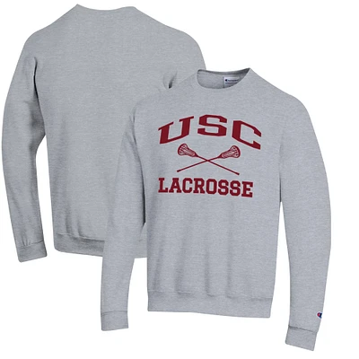 Men's Champion Heather Gray USC Trojans Lacrosse Icon Powerblend Pullover Sweatshirt