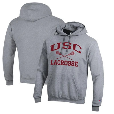 Men's Champion Heather Gray USC Trojans Lacrosse Icon Powerblend Pullover Hoodie