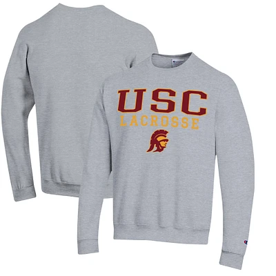 Men's Champion Heather Gray USC Trojans Stack Logo Lacrosse Powerblend Pullover Sweatshirt