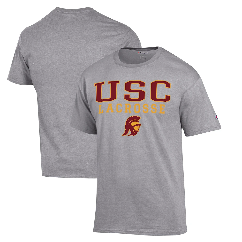 Men's Champion Heather Gray USC Trojans Stack Logo Lacrosse Powerblend T-Shirt