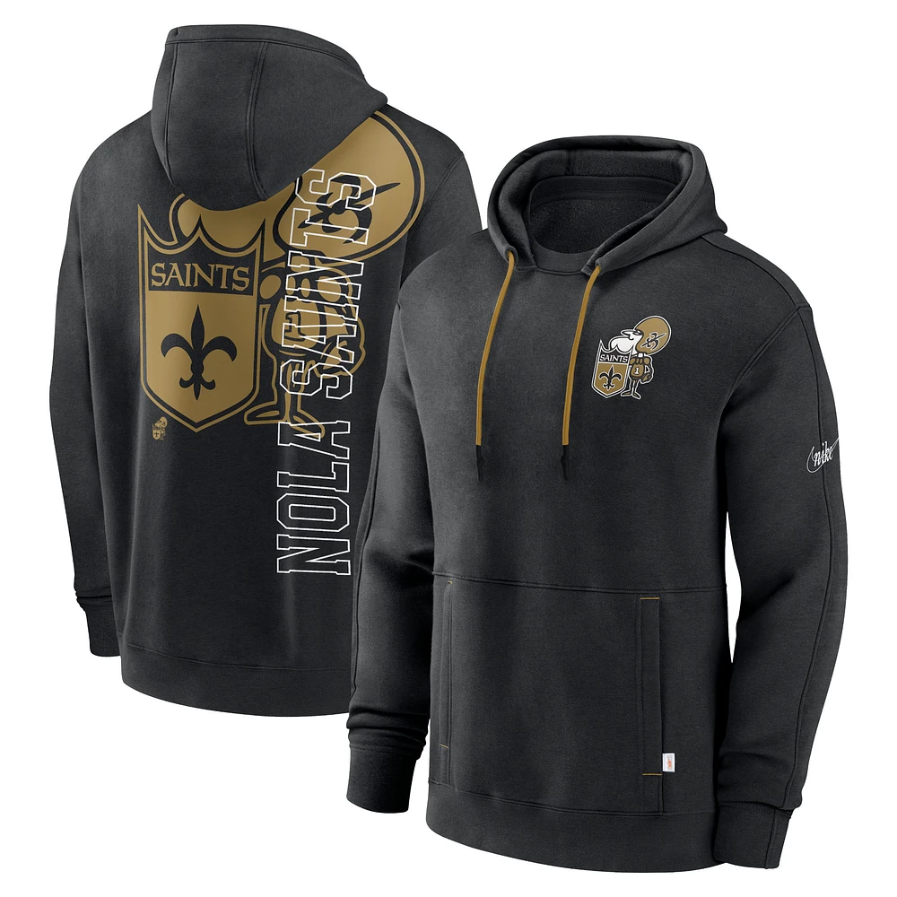 Men's Nike Black New Orleans Saints Throwback Layered Logo Statement Pullover Hoodie