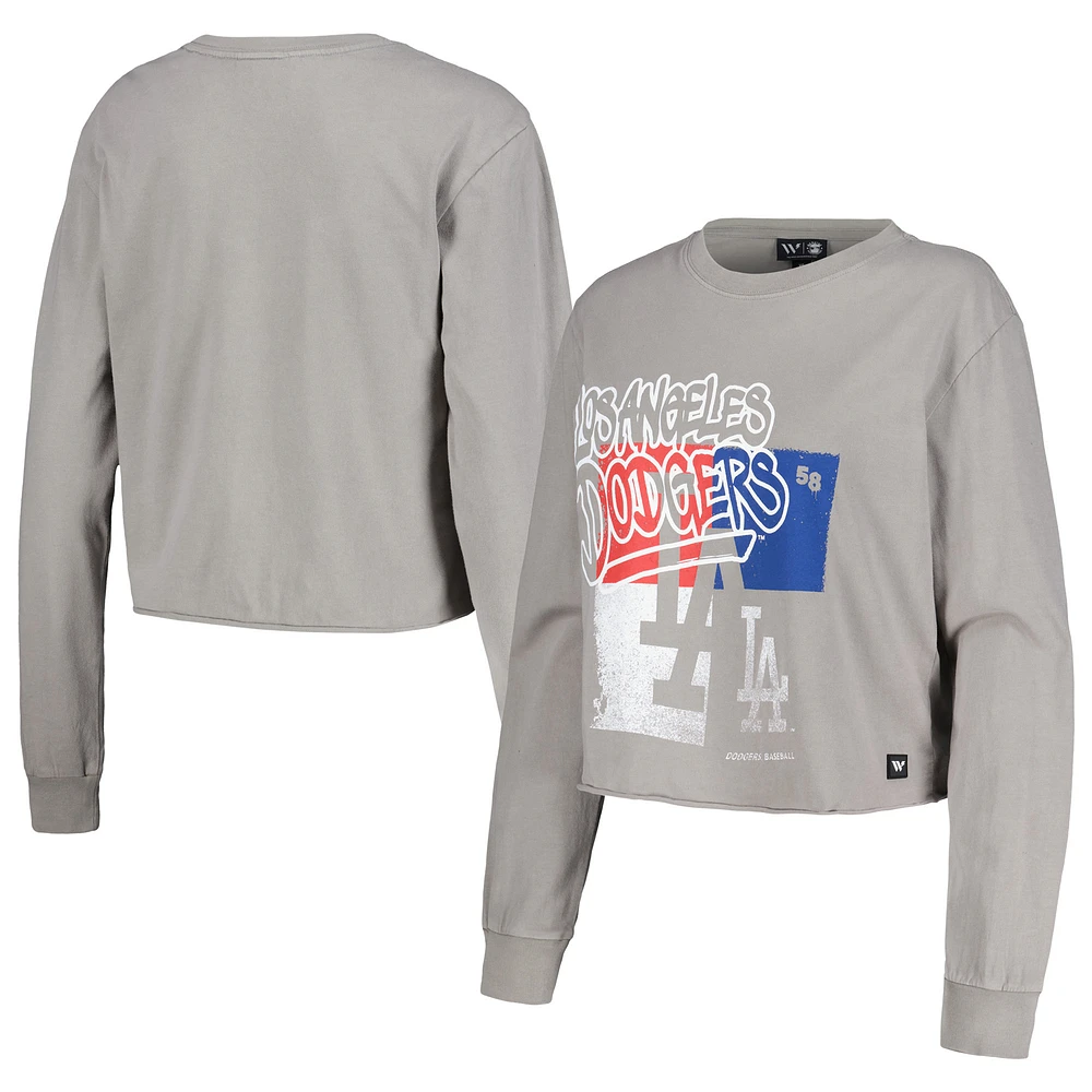 Women's The Wild Collective Gray Los Angeles Dodgers Cropped Long Sleeve T-Shirt