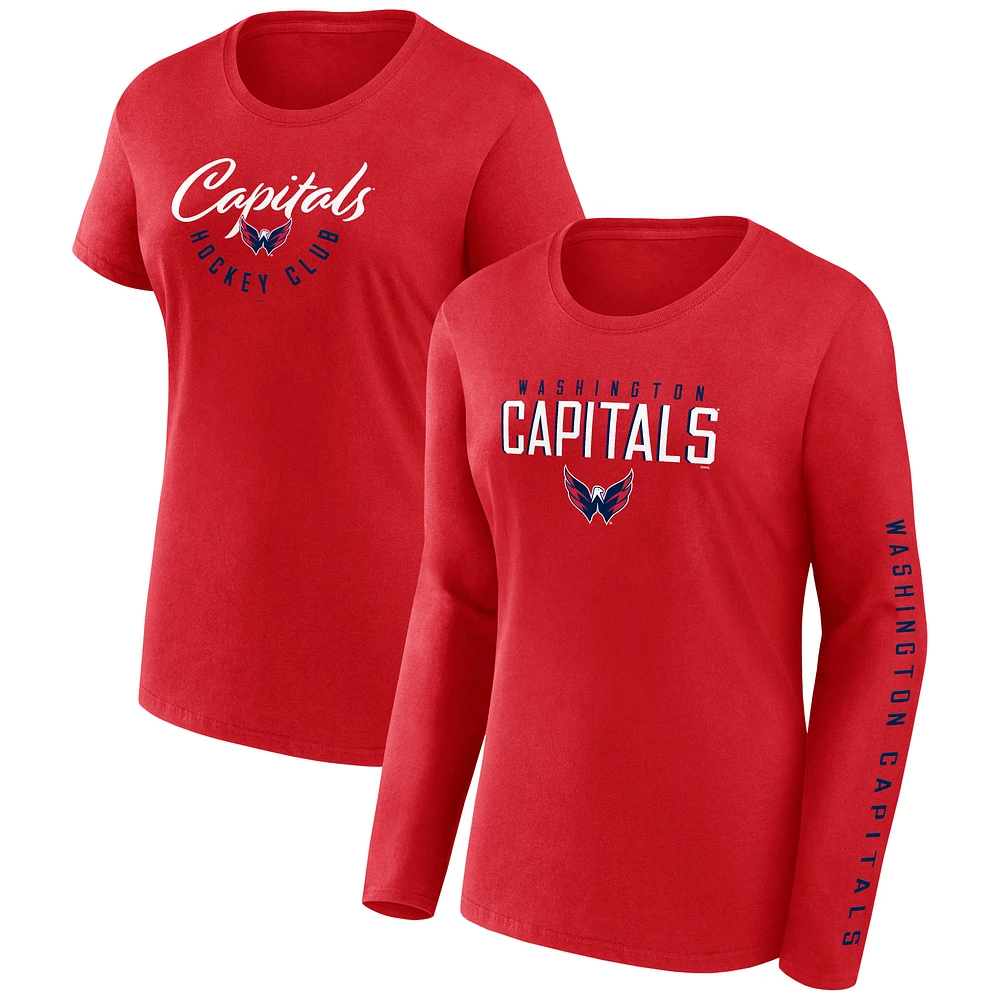 Women's Fanatics Red Washington Capitals Long and Short Sleeve Two-Pack T-Shirt Set