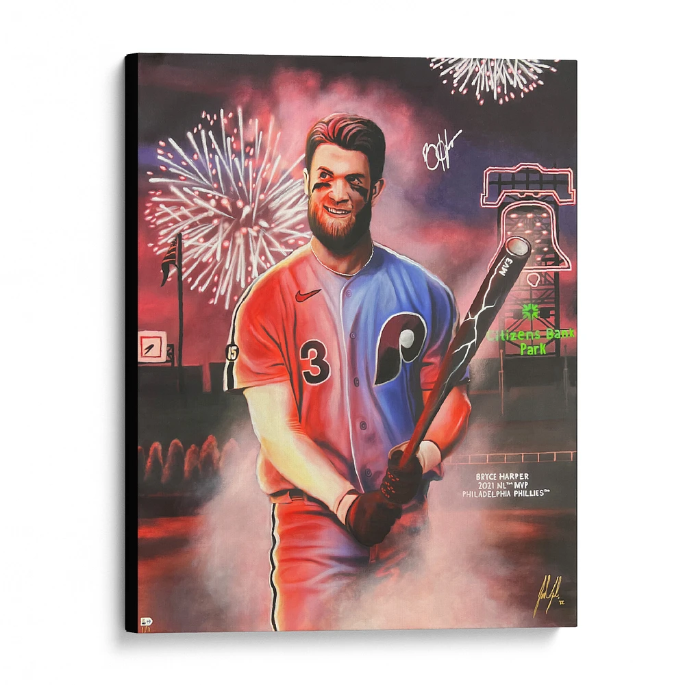 Bryce Harper Philadelphia Phillies Autographed Stretched 36" x 45" Original Canvas Artwork - Art by Jordan Spector - #1 of Limited Edition 1