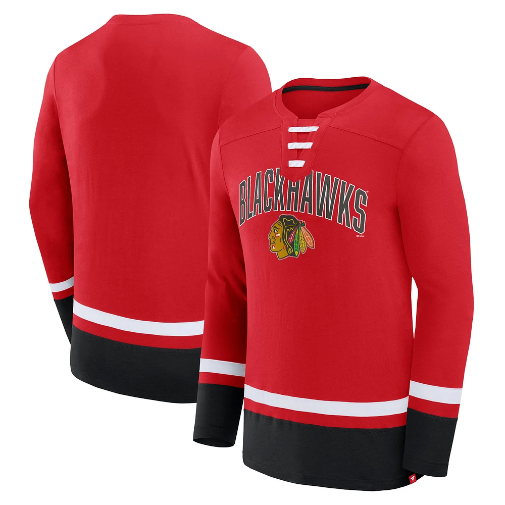 Men's Fanatics Red Chicago Blackhawks Back Pass Lace-Up Long Sleeve T-Shirt