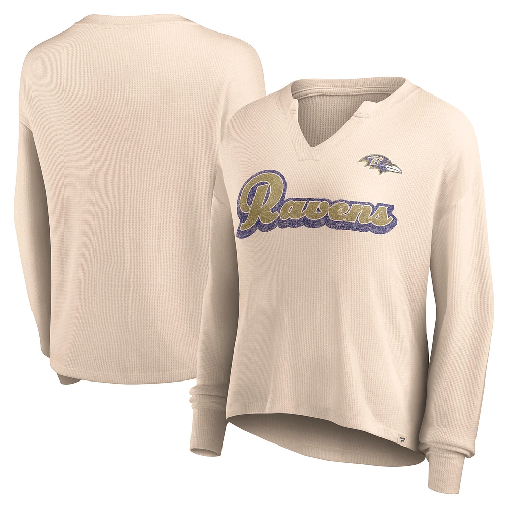 Women's Fanatics Tan Baltimore Ravens Go For It Notch Neck Waffle Knit Lightweight Long Sleeve T-Shirt