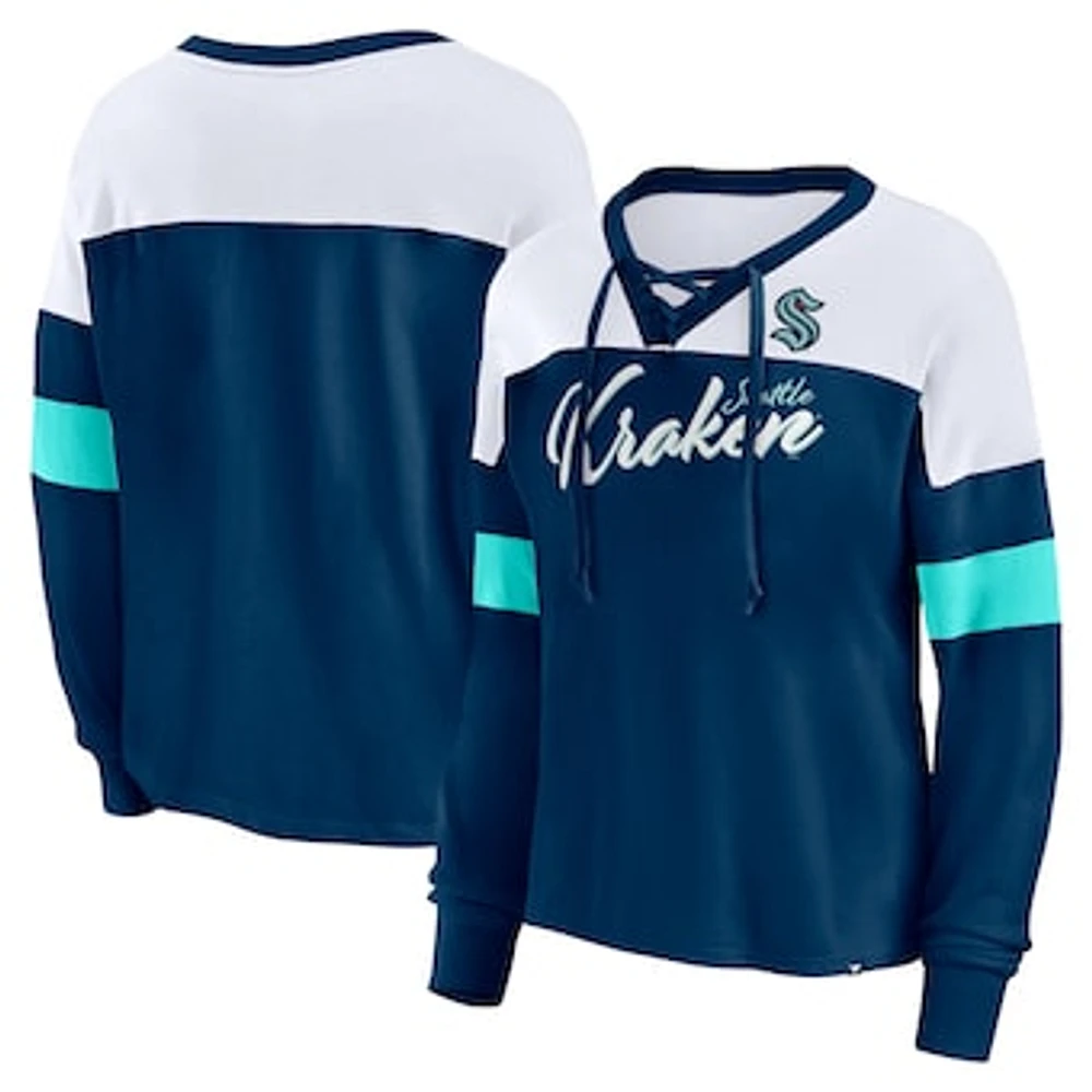 Women's Fanatics Deep Sea Blue Seattle Kraken Take the Shot Long Sleeve Lace-Up V-Neck T-Shirt
