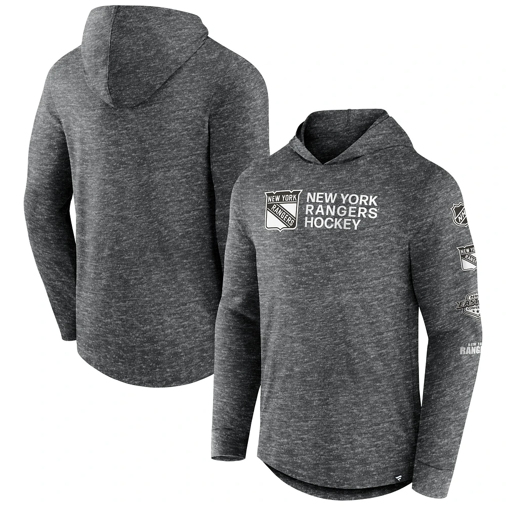 Men's Fanatics Heather Charcoal New York Rangers Stacked Long Sleeve Hoodie T-Shirt