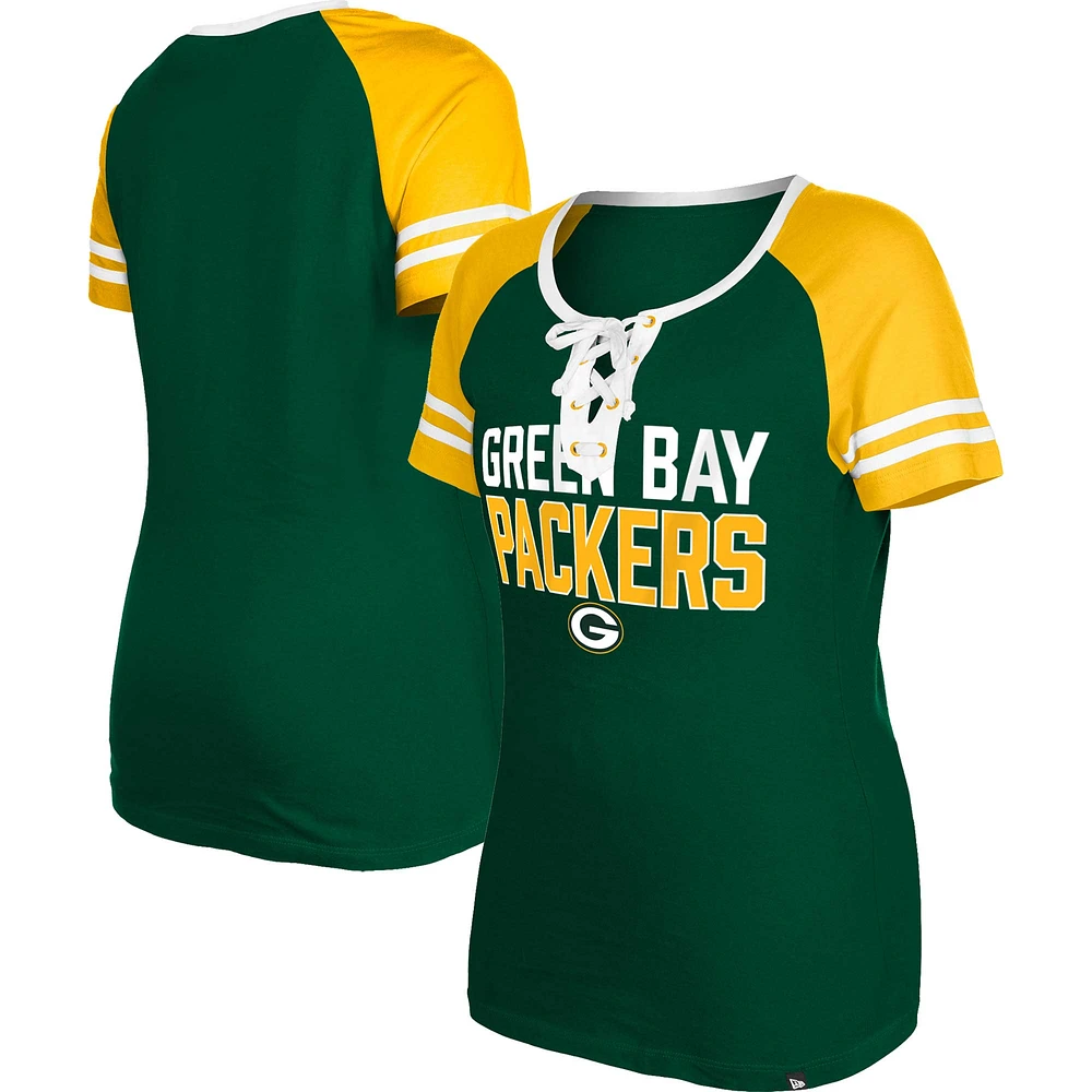 Women's New Era Green Green Bay Packers Raglan Lace-Up T-Shirt