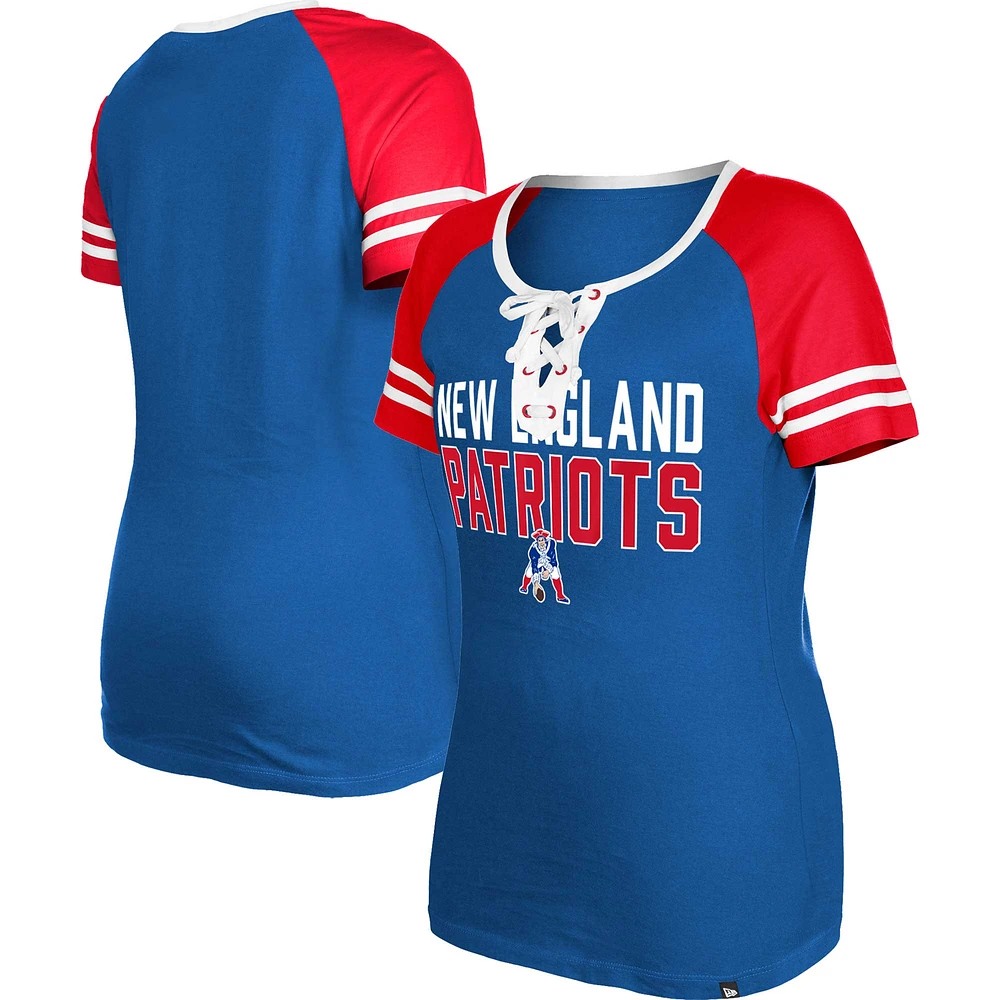 Women's New Era Royal England Patriots Throwback Raglan Lace-Up T-Shirt
