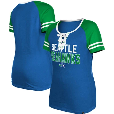 Women's New Era Royal Seattle Seahawks Throwback Raglan Lace-Up T-Shirt
