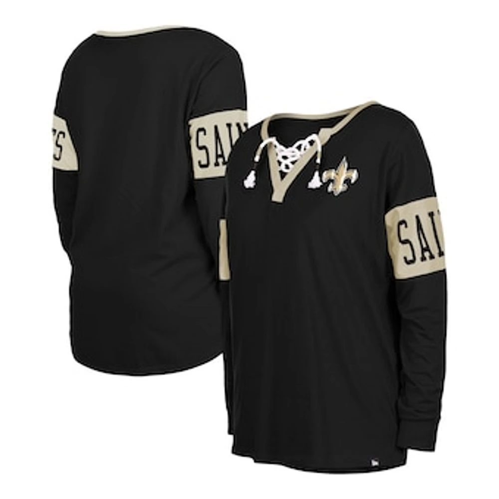 Women's New Era Black Orleans Saints Lace-Up Notch Neck Long Sleeve T-Shirt